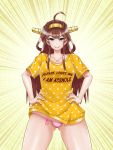  ahoge alternate_costume alternate_eye_color argyle argyle_background ass_visible_through_thighs bangs black_eyes blunt_bangs bow bow_panties breasts brown_hair clitoris commentary cowboy_shot emphasis_lines english fingernails gradient_eyes grey_eyes grin hairband hands_on_hips kantai_collection kongou_(kantai_collection) labia legs_apart long_hair looking_at_viewer medium_breasts multicolored multicolored_eyes nail_polish no_pants panties pantyshot pink_nails pink_panties polka_dot polka_dot_shirt ranguage reflective_eyes see-through shiny shiny_hair shiny_skin shirt short_sleeves sidelocks skindentation slit_pupils smile solo string_panties thighs tk_(butakuma) underwear very_long_hair yellow_background yellow_shirt 