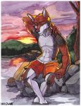  2018 anthro brown_fur canine clothed clothing eyes_closed fur grey_fur helgwar lake male mammal outside red_wolf sitting solo sunset swimming_trunks swimsuit topless traditional_media_(artwork) water watercolor_(artwork) white_fur wolf yokhame 
