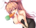  animal_ears bare_shoulders black_legwear black_leotard breasts brown_eyes bunny_ears bunny_girl bunnysuit carrot detached_collar fake_animal_ears food_in_mouth gloves heterochromia highres kantai_collection large_breasts leotard light_brown_hair long_hair murasame_(kantai_collection) neckerchief pantyhose red_eyes remodel_(kantai_collection) sexually_suggestive shitou_kazuaki solo strapless 