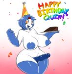  2016 anthro averyshadydolphin big_breasts birthday breasts cake dessert dickgirl erection food hat hi_res huge_nipples humanoid humanoid_penis intersex jet_(quin_nsfw) looking_at_viewer nipples party_hat penis simple_background solo text thick_thighs wide_hips 