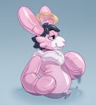  2017 ambiguous_gender animate_inanimate anthro black_hair blue_background digital_drawing_(artwork) digital_media_(artwork) hair halo hi_res inflatable lagomorph living_inflatable mammal neltruin nozzle pool_toy rabbit rubber shiny simple_background smile solo trufours 
