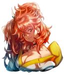  alternate_costume amou_kanade breasts choker cleavage commentary hair_between_eyes holding holding_hair japanese_clothes kimono large_breasts long_hair looking_at_viewer murakami_hisashi off_shoulder parted_lips red_eyes red_hair senki_zesshou_symphogear senki_zesshou_symphogear_xd_unlimited simple_background smile solo white_background white_kimono 