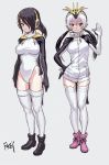  :3 animal_costume artist_name black_eyes black_footwear black_hair boots breasts commentary_request earmuffs emperor_penguin_(kemono_friends) fkey grey_background hair_over_one_eye hand_on_hip hand_up highres jacket kemono_friends large_breasts low_twintails multicolored_hair multiple_girls orange_hair penguin_costume pink_footwear pink_hair red_eyes royal_penguin_(kemono_friends) simple_background smile streaked_hair thighhighs twintails white_hair white_legwear 