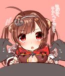  :o absurdres ahoge anchor_hair_ornament azur_lane bangs blush breast_press breasts brown_hair chiitamu china_dress chinese_clothes cleavage_cutout commentary_request dress eyebrows_visible_through_hair fur-trimmed_jacket fur_trim hair_ornament hairband hairpods head_tilt highres jacket long_hair long_sleeves looking_at_viewer medium_breasts out_of_frame parted_lips ping_hai_(azur_lane) pink_background pov pov_hands puffy_long_sleeves puffy_sleeves red_dress red_eyes short_sleeves simple_background sketch solo_focus sweat translation_request twintails very_long_hair white_hairband white_jacket 