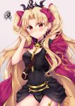  asymmetrical_sleeves bangs beige_background between_breasts black_cape black_dress black_leotard blonde_hair breasts buckle cape detached_collar dress earrings ereshkigal_(fate/grand_order) fate/grand_order fate_(series) fur-trimmed_cape fur_trim hand_in_hair infinity jewelry leotard long_hair multicolored multicolored_cape multicolored_clothes nazuna_shizuku necklace parted_bangs red_cape red_eyes red_ribbon ribbon single_sleeve skull spine tiara two_side_up 