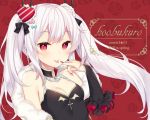  2018 :p artist_name azur_lane bangs bare_shoulders bekotarou black_dress black_ribbon blue_bow bow breasts bridal_gauntlets china_dress chinese_clothes cleavage closed_mouth commentary_request dress eyebrows_visible_through_hair fang fang_out fingernails hair_bow hair_ornament hair_ribbon heart heart_hair_ornament long_fingernails long_hair looking_at_viewer nail_polish pink_bow red_background red_eyes red_nails ribbon rose_background silver_hair sleeveless sleeveless_dress small_breasts smile solo tongue tongue_out twintails vampire_(azur_lane) very_long_hair 