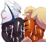  2boys anus arcanine ass blush cum eric_lowery fur looking_back multiple_boys penis pokemon pokemon_(creature) silvally simple_background tail testicles white_background 