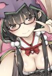  black_hair blush breasts cleavage fate/grand_order fate_(series) glasses highres hood large_breasts long_hair looking_at_viewer osakabe-hime_(fate/grand_order) peko purple_eyes sketch smile solo v very_long_hair 