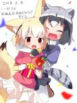  :d ^_^ animal_ears arm_around_neck black_gloves black_hair black_neckwear black_skirt blonde_hair blurry blush bow bowtie box brown_eyes closed_eyes commentary_request common_raccoon_(kemono_friends) confetti dated depth_of_field eyebrows_visible_through_hair fang fennec_(kemono_friends) fox_ears fox_tail fur_collar gift gift_box gloves grey_hair happy_birthday highres holding holding_gift hug hug_from_behind kemono_friends looking_at_viewer makuran miniskirt multicolored_hair multiple_girls open_mouth pantyhose party_popper pink_sweater pleated_skirt raccoon_ears raccoon_tail short_sleeve_sweater short_sleeves simple_background skirt smile sweater tail thighhighs white_background white_gloves white_hair white_legwear yellow_legwear yellow_neckwear zettai_ryouiki 