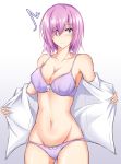  1girl bare_shoulders blue_background blush bow bow_panties bra breasts cleavage commentary_request cowboy_shot eyebrows_visible_through_hair fate/grand_order fate_(series) gradient gradient_background groin hair_over_one_eye highres large_breasts looking_at_viewer mash_kyrielight midriff navel panties pink_hair piro_(iiiiiiiiii) purple_bra purple_eyes purple_panties shirt short_hair solo standing underwear undressing white_background white_bow white_shirt 
