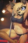  2018 anthro bat blonde_hair blue_eyes breasts choker cleavage clothed clothing digital_media_(artwork) eyelashes female hair jess_the_bat macmegagerc mammal mctrancefox membranous_wings midriff navel one_eye_closed panties pole skimpy smile solo stripper_pole thigh_gap underwear wings 