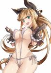  bangs bikini black_bow black_gloves blonde_hair bow breasts cape clarisse_(granblue_fantasy) covered_nipples elbow_gloves frilled_gloves frills gloves granblue_fantasy green_eyes hair_bow kaorihero large_breasts long_hair looking_at_viewer navel open_mouth ponytail see-through shiny shiny_skin side-tie_bikini standing swimsuit very_long_hair white_background white_bikini 
