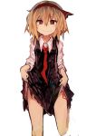  absurdres black_dress blonde_hair collared_shirt commentary_request dress fang hair_ribbon headband highres kaamin_(mariarose753) red_eyes red_neckwear ribbon rumia shirt short_hair simple_background skirt_hold smile standing standing_on_one_leg touhou white_background white_shirt 