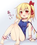  ankle_cuffs arm_support baku-p bangs bare_arms bare_legs barefoot blonde_hair blush crystal fang flandre_scarlet full_body highres hot knees_together_feet_apart leaning_back long_hair looking_at_viewer one-piece_swimsuit open_mouth red_eyes ribbon school_swimsuit side_ponytail sitting solo strap_slip sweat swimsuit touhou wings wrist_cuffs 