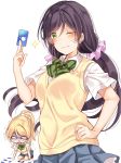  ayase_eli blonde_hair blue_skirt blush bow bowtie card_between_fingers commentary_request gift_card green_eyes green_neckwear hand_on_hip itunes long_hair love_live! love_live!_school_idol_project mogu_(au1127) multiple_girls o_o one_eye_closed orz ponytail purple_hair purple_scrunchie scrunchie shaded_face short_sleeves simple_background skirt sparkle striped striped_neckwear sweater_vest toujou_nozomi white_background white_scrunchie wide_oval_eyes 