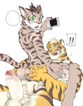  balls blue_eyes bubble_butt butt caught feline girly green_eyes holding_(disambiguation) imminent_sex kumak71395 lin_hu male male/male mammal nekojishi penis phone shu-chi size_difference tiger 