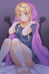  ayase_eli barefoot bed_sheet blanket blonde_hair blue_eyes blush commentary_request groping_motion hair_between_eyes hair_down knees_up love_live! love_live!_school_idol_project mogu_(au1127) nightgown purple_background scared shadow short_sleeves sitting solo_focus under_covers wavy_mouth 
