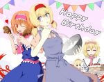  4girls alice_margatroid alternate_hairstyle apron bangs blue_apron blue_dress blue_eyes blush bowl brown_eyes cake capelet closed_eyes closed_mouth commentary_request cookie_(touhou) cowboy_shot dress dual_wielding eyebrows_visible_through_hair foil food fried_chicken frilled_hairband frilled_neckwear frills fruit hair_between_eyes hairband happy_birthday heart highres hinase_(cookie) holding holding_bowl looking_at_another looking_at_viewer looking_to_the_side multiple_girls multiple_persona neckerchief one_eye_closed open_mouth parody pink_hairband pink_neckwear pink_sash red_eyes red_hairband sakuna_brownie sash short_hair smile strawberry streamers style_parody touhou twintails whisk white_capelet 