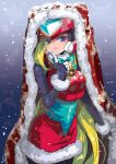  1girl android bell blonde_hair blue_bow bow bracelet breasts christmas cowboy_shot dated fur_trim genderswap genderswap_(mtf) grey_eyes hair_over_one_eye helmet highres index_finger_raised jewelry long_hair medium_breasts red_skirt rockman rockman_zero santa_costume signature skirt snow snowing solo sumomo translucent_hair very_long_hair zero_(rockman) 