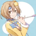  blue_background brown_eyes brown_hair circlet closed_mouth hair_bobbles hair_ornament holding holding_wand looking_at_viewer mishiro_(andante) norma_beatty shirt short_hair simple_background smile solo tales_of_(series) tales_of_legendia upper_body wand yellow_shirt 