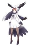  arms_at_sides bangs bird_tail bird_wings black_bow black_footwear black_gloves black_hair black_neckwear blonde_hair blunt_bangs bow bowtie brown_legwear closed_mouth dress eyebrows feathered_wings feathers full_body gloves hair_ribbon head_wings high_ponytail ise_(0425) kemono_friends legs_apart loafers long_hair long_sleeves multicolored_hair pantyhose red_eyes red_hair ribbon sailor_collar sailor_dress scarf shoes sidelocks simple_background sleeve_cuffs solo tail very_long_hair white-naped_crane_(kemono_friends) white_background white_hair white_ribbon white_sailor_collar wings 