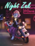  2018 80s_aesthetic anthro barefoot better_version_at_source big_penis blue_scales bulge cigarette clothed clothing detailed_background digital_media_(artwork) dragon english_text green_eyes hair male neon_lights pants parody penis penis_outline penis_shaped_bulge purple_hair retro scales scalie scooter shirt smoking solo text vdisco video_games zak_(mirroidal) 