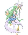  1girl alternate_costume alternate_eye_color alternate_hair_color alternate_hairstyle fluffy_ears gloves green_hair horn league_of_legends long_hair solo soraka staff star_guardian_soraka thighhighs very_long_hair white_gloves white_legwear white_wings wings 