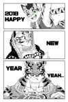  2018 amber_eyes blue_eyes english_text eyes_closed green_eyes kumak71395 likulau lin_hu male monochrome nekojishi shu-chi signature text 