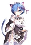  absurdres animal_ears apron bad_revision blue_eyes blue_hair blush bow breasts cat_ears cat_tail cleavage cleavage_cutout detached_sleeves downscaled_revision dress dress_lift frills garter_straps hair_ornament hair_over_one_eye hair_ribbon highres kemonomimi_mode large_breasts lifted_by_self looking_at_viewer maid maid_headdress md5_mismatch no_panties open_mouth re:zero_kara_hajimeru_isekai_seikatsu rem_(re:zero) ribbon short_hair simple_background solo tail taka-kun thighhighs waist_apron white_background white_bow white_legwear x_hair_ornament 