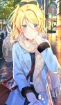  :t ayase_eli bag blonde_hair blue_coat blue_eyes blush bow clothes_tug coat commentary_request fur-trimmed_sleeves fur_trim hair_between_eyes hair_bow highres long_sleeves love_live! love_live!_school_idol_project mogu_(au1127) ponytail pout pov scarf shoulder_bag solo striped striped_bow translation_request 
