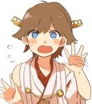  blue_eyes blush blush_stickers brown_hair commentary_request flustered headgear headwear hiei_(kantai_collection) ina_(1813576) japanese_clothes kantai_collection nontraditional_miko open_mouth short_hair sweatdrop white_background 