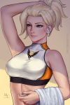  2018 arm_up armpit_peek artist_name bare_arms bare_shoulders blonde_hair blue_eyes bra breasts closed_mouth commentary covered_collarbone digital_media_player earbuds earphones english_commentary fingernails hair_pulled_back halterneck hand_in_hair high_ponytail highres holding lips looking_away makeup mascara medium_breasts mercy_(overwatch) navel nose overwatch ponytail realistic sciamano240 shade shiny shiny_hair short_hair signature simple_background smile solo sports_bra taut_clothes towel underwear upper_body white_bra white_towel wireless yellow_background 
