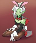  1girl bow breasts buttons closed_mouth dragon_ball dragon_ball_super earrings eyebrows fishnets genderswap gloves green_skin lips matching_hair/eyes navel pointy_ears potara_earrings shoulder_pads simple_background sitting smile solo spiky_hair white_eyes white_gloves white_hair zamasu 