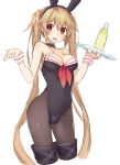  adapted_costume animal_ears bangs bare_arms bare_shoulders black_legwear blonde_hair breasts brown_hair bunny_ears bunnysuit choker cleavage cowboy_shot eyebrows_visible_through_hair fake_animal_ears goekawa holding holding_tray kantai_collection long_hair looking_at_viewer medium_breasts murasame_(kantai_collection) neckerchief open_mouth pantyhose red_eyes solo tray twintails twitter_username very_long_hair 