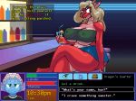  2018 alcohol anthro bar beverage big_breasts blonde_hair blue_scales breasts cleavage clothed clothing dating_sim dialogue digital_media_(artwork) dragon english_text female green_eyes hair male nipple_bulge parody red_eyes scales scalie shirt simple_background sitting skirt text tube_top vdisco video_games white_hair zak_(mirroidal) 