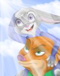  2016 4_fingers absurd_res annoyed anthro canine claws clothed clothing crepuscular_rays digital_drawing_(artwork) digital_media_(artwork) dipstick_ears disney duo eyelashes female fox fur green_eyes grey_fur hi_res judy_hopps lagomorph looking_up male mammal nick_wilde on_shoulders open_mouth open_smile orange_fur outside pink_nose purple_eyes purple_nose rabbit sky smile starebelle95 zootopia 