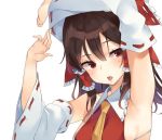  :o armpits arms_up ascot bangs blush bow bra_strap breasts brown_hair detached_sleeves eyebrows_visible_through_hair frilled_bow frilled_hair_tubes frilled_shirt_collar frills hair_bow hakurei_reimu long_hair long_sleeves looking_at_viewer medium_breasts mirei panties ponytail red_bow red_eyes red_shirt ribbon-trimmed_sleeves ribbon_trim shirt sideboob sidelocks simple_background solo touhou underwear upper_body white_background wide_sleeves yellow_neckwear 