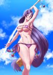  1girl armpit_hair armpits bikini breasts fate/grand_order fate_(series) highres hips large_breasts minamoto_no_raikou_(fate/grand_order) nimuno_(munimuni) pubic_hair pubic_hair_peek purple_bikini purple_hair sky solo sword very_long_hair violet_eyes wide_hips 