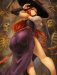  1girl ass bare_shoulders breasts brown_hair dragon&#039;s_crown dress fingernails hat huge_ass huge_breasts kazo leaning leaning_forward long_hair looking_at_viewer red_eyes shiny shiny_skin skeleton smile solo sorceress_(dragon&#039;s_crown) strapless strapless_dress witch_hat 