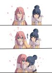  3koma ? bad_id bad_pixiv_id blue_eyes blue_hair blush censored closed_eyes comic commentary eyebrows_visible_through_hair hair_bun heart heart_censor highres kagamihara_nadeshiko looking_at_viewer multiple_girls pink_hair pinyacolada purple_eyes shima_rin smile textless yuri yurucamp 