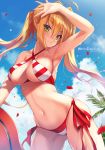  absurdres aestus_estus arm_up armpits bangs bare_shoulders bikini blue_sky blush breasts character_name cleavage cloud cloudy_sky contrapposto criss-cross_halter cropped day earrings eyebrows_visible_through_hair fate/grand_order fate_(series) fukai_ryousuke green_eyes hair_between_eyes hair_intakes halterneck head_tilt highres jewelry large_breasts long_hair looking_at_viewer navel nero_claudius_(fate)_(all) nero_claudius_(swimsuit_caster)_(fate) outdoors page_number petals rose_petals scan side-tie_bikini sky smile solo standing striped striped_bikini swimsuit twintails water_drop wet 