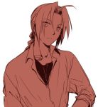  braid edward_elric expressionless eyebrows_visible_through_hair fullmetal_alchemist long_hair long_sleeves looking_at_viewer male_focus monochrome red riru simple_background solo standing white_background 
