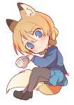  absurdres animal_ears arm_support bangs black_footwear black_legwear blonde_hair blue_eyes blue_skirt blue_sweater braid chibi closed_mouth commentary cup darjeeling dog_ears dog_tail eyebrows_visible_through_hair from_side full_body girls_und_panzer head_tilt highres holding kemonomimi_mode long_hair long_sleeves looking_at_viewer miluke miniskirt pantyhose pleated_skirt school_uniform shoes short_hair sitting skirt smile sweater tail teacup tied_hair transparent_background twin_braids 
