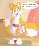  anthro blue_eyes blush bunnykisses canine clothing cub dialogue diaper footwear fox gloves looking_at_viewer male mammal miles_prower multi_tail shoes smile solo sonic_(series) standing young 