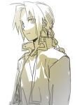  braid coat edward_elric expressionless eyebrows_visible_through_hair fullmetal_alchemist greyscale long_hair looking_away male_focus monochrome riru simple_background solo standing white_background 