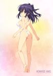  absurdres ass bare_back bare_legs barefoot beatmania beatmania_iidx breasts casual_one-piece_swimsuit contrapposto from_behind full_body halterneck highres kinoshita_ichi kneepits large_breasts long_hair looking_back non-web_source one-piece_swimsuit purple_eyes purple_hair smile solo standing strap_gap swimsuit two_side_up umegiri_hifumi white_swimsuit 