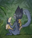  banana blue_fur brown_eyes butt digital_media_(artwork) fa_plastilinka food forest fruit fur hair jiver_thistle jungle long_ears long_hair long_tail male mammal monkey primate smile teeth tree 