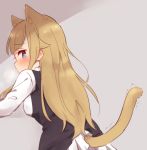  animal_ears bangs black_dress blonde_hair blue_eyes blush breasts cat_ears cat_girl cat_tail covered_mouth dress extra_ears eyebrows_visible_through_hair from_behind grey_background hair_flaps long_hair looking_at_viewer looking_back medium_breasts princess_(princess_principal) princess_principal profile school_uniform shirt solo sorimachi-doufu sweat tail tail_raised trembling very_long_hair white_shirt 