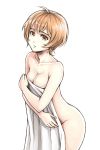  ass breasts brown_eyes brown_hair cleavage collarbone commentary_request covering covering_breasts eyebrows_visible_through_hair highres jchoy medium_breasts naked_towel nude_cover original parted_lips short_hair towel white_towel 