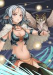  ange_vierge animal animal_on_hand armor bird black_legwear braid breasts bride character_request choker cloak commentary_request highres jchoy medium_breasts multiple_braids navel night open_mouth owl pointy_ears short_hair silver_hair solo thighhighs 
